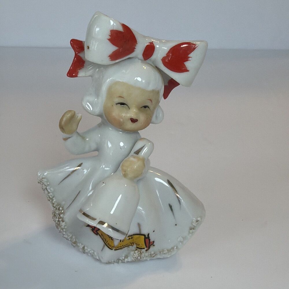 Vintage 4” Ceramic Girl Figure Spaghetti Trim Richland Center Wi Bell Bow Cute